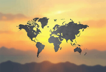 World Map Silhouette at Sunset 
