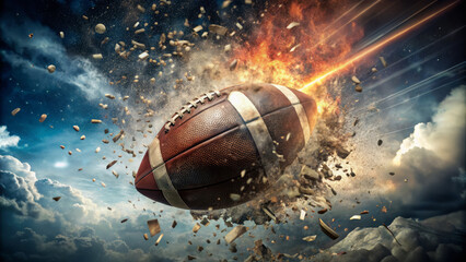 dynamic football bursts through air, surrounded by explosive debris and dramatic clouds, capturing intensity of game