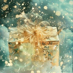 A gold wrapped gift box with a gold ribbon is sitting on a snowy background. The image has a festive and joyful mood, as it is likely a gift for a special occasion