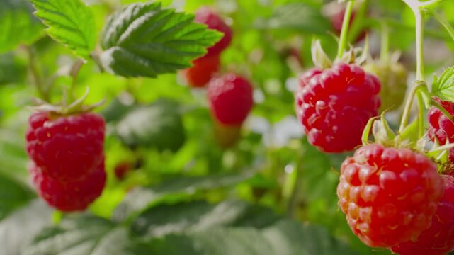 Panorama of a ripe juicy raspberries on the branch on the background of a blue sky. High quality 4k footage
