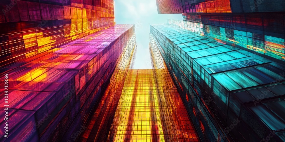 Poster double exposure representation of a synthwave skyscraper, showcasing vibrant colors and futuristic p