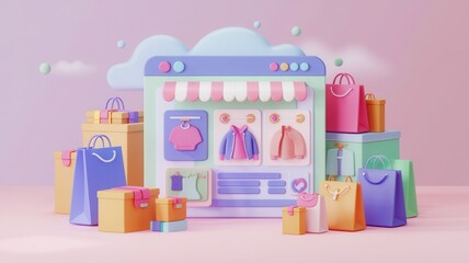 Colorful online shop illustration with packages and shopping bags on a soft background.