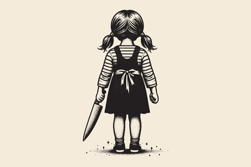 Little girl with a kitchen knife. A still from a horror movie. Rear view. Black and white vintage engraving illustration