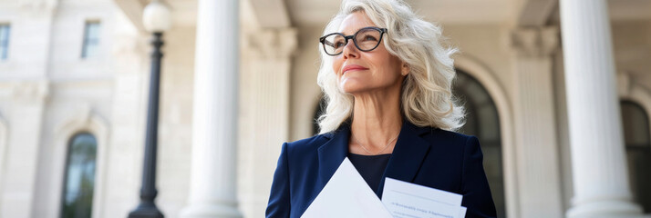 Confident woman with glasses holding documents outside building, exuding professionalism and determination. She stands poised, ready to take on challenges
