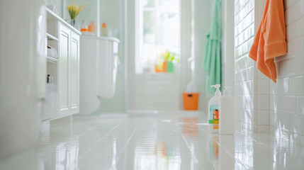A bright and clean bathroom featuring white tiles, colorful towels, and personal care products. serene atmosphere invites relaxation and freshness