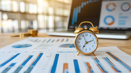 Concept of time management with a clock merging into a business chart 