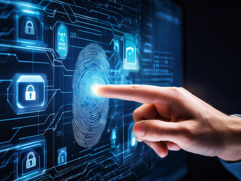 Ein Finger der auf einem virtuellen Monitor die Verschl&uuml;sselung entriegelt