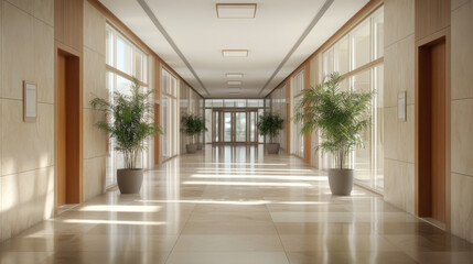 Obraz premium A bright and spacious hallway features large windows allowing natural light to illuminate polished floor. Potted plants add touch of greenery, enhancing inviting atmosphere