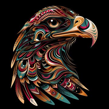 Eagle head with vibrant tribal patterns.