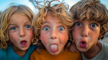 Fototapeta premium Children making silly and goofy faces, capturing the expressive gestures of their facial expressions