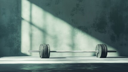 Minimalist Weightlifting Barbell on Flat Surface, Neutral Tones, Simple Design, Emphasizing Form and Function, Modern Aesthetic