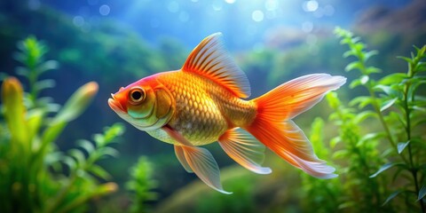 Graceful goldfish swimming elegantly through a vibrant and lush aquarium, goldfish, aquarium, underwater, swimming, elegant