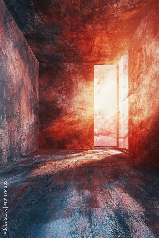 Aufkleber a room with a door that is open and a window that is lit up by the sun. the room is empty and has a 
