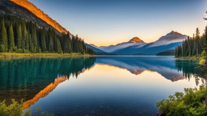 A serene landscape featuring mountains and a reflective lake at sunrise.
