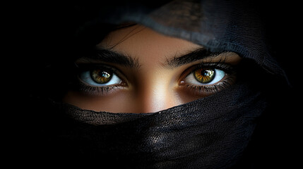 close up portrait of a woman eyes with a black fabric partially covering her face revealing only the irises and eyelashes highlighting the mysterious allure of the gaze