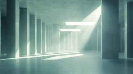 Obraz premium Sunlight beams through skylights in a spacious, modern industrial concrete interior with numerous columns.