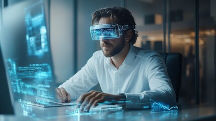 Businessman uses AR glasses in a sleek office to interact with digital data and holographic models during a productive work session