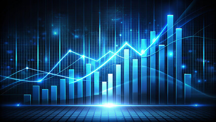 Naklejka premium Dynamic blue abstract bar graph with glowing elements, representing data growth and analysis. This visually striking image captures essence of modern data visualization and analytics