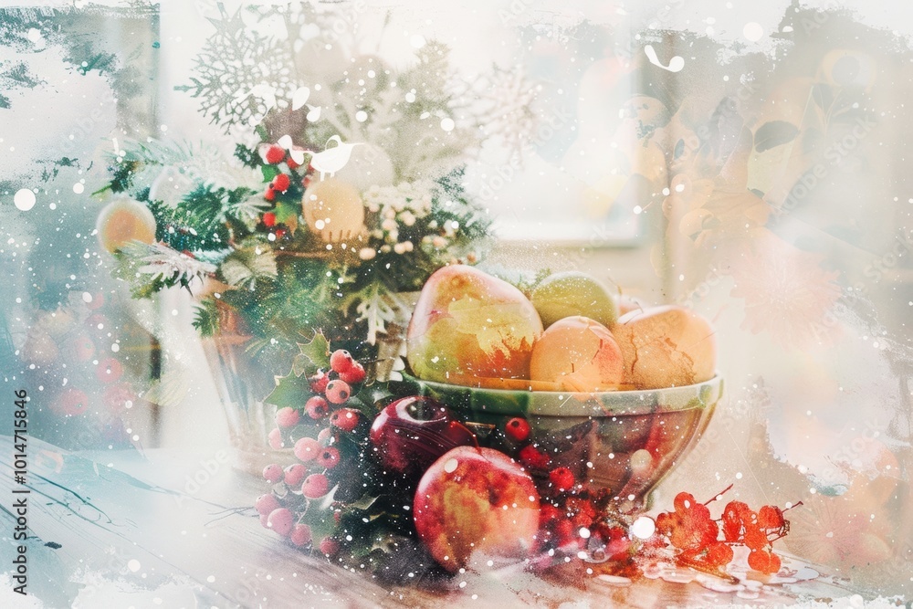 Poster a bowl of fruit with apples and oranges in it. the bowl is on a table and there is a window behind i