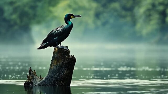 A black cormorant perches on a tree stump in a misty lake, its feathers glistening in the early morning light