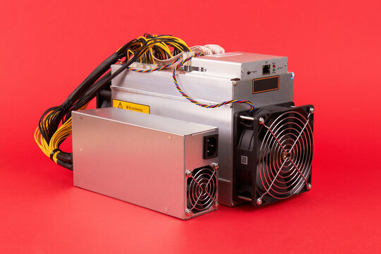 Cryptocurrency mining farm for bitcoin and altcoins mining on red