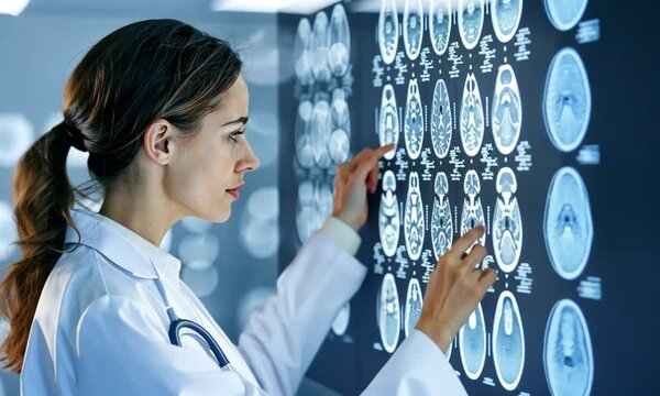 A female doctor in a lab coat is analyzing brain scans on a large digital screen. She is pointing at the images, focusing on the detailed MRI results displayed in blue and white tones.