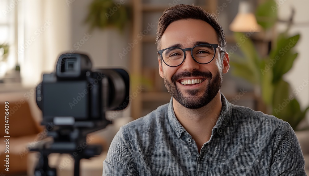 Poster smiling man recording a video with a camera