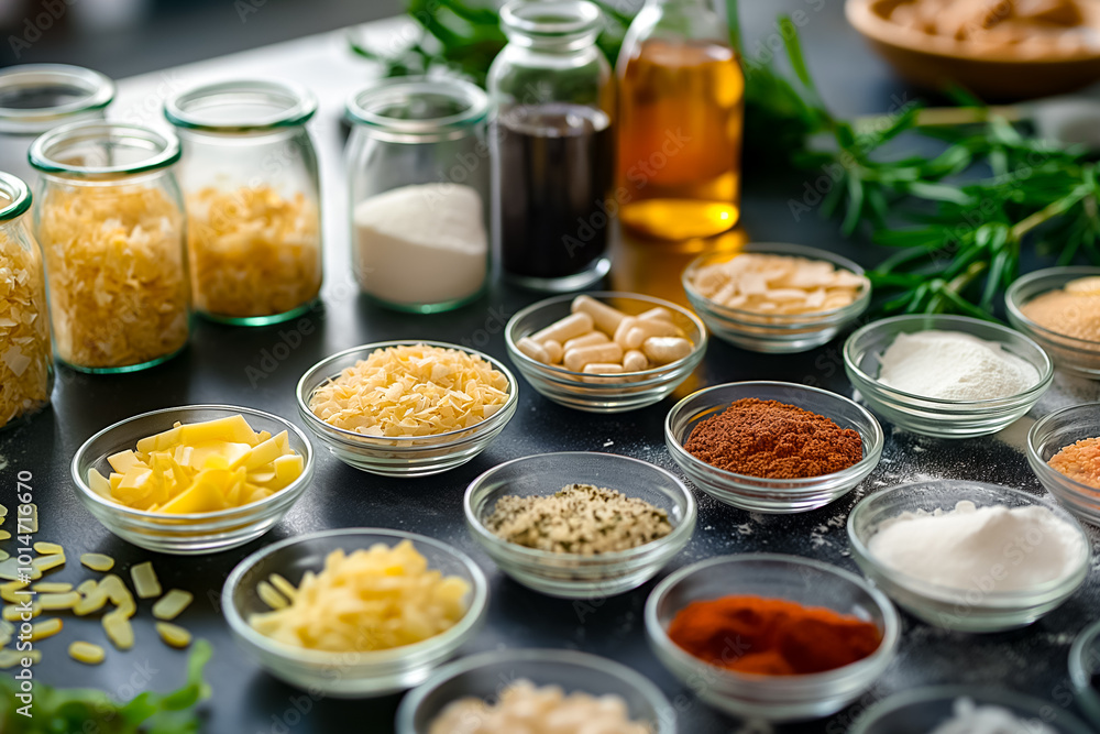 Poster An array of various spices, grains, and condiments is displayed on a dark countertop, showcasing different shapes and colors in a vibrant kitchen environment