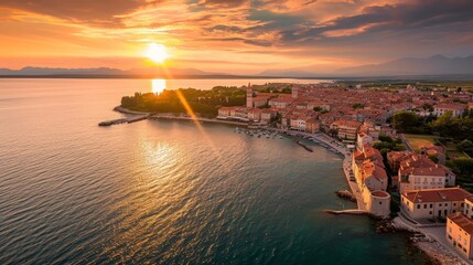 "Poreč at Sunset: Aerial View of Istria&rsquo;s Gem Along the Adriatic Coastline"

Highlights the beauty of the town at sunset and its location along the Adriatic Sea.