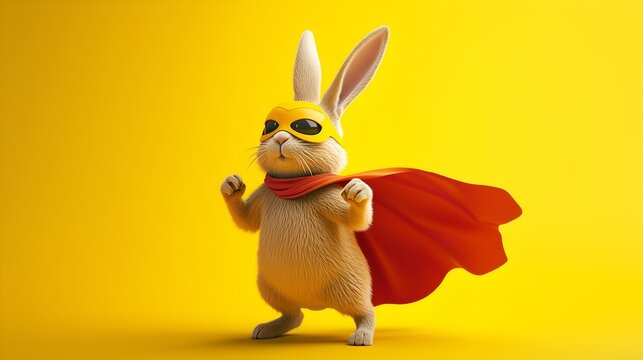 A photorealistic image of a brave brown bunny wearing a superhero cape and mask.