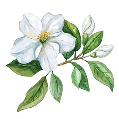 Fototapeta premium Beautiful White Magnolia Flower with Green Leaves on a Branch