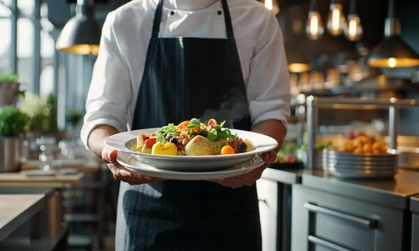 Waiter holding serving dish in cafeteria