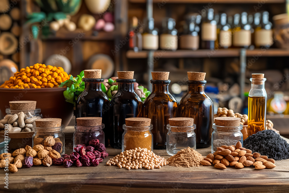 Poster colorful spices and herbs are neatly organized in jars and bottles on a wooden table, creating an in
