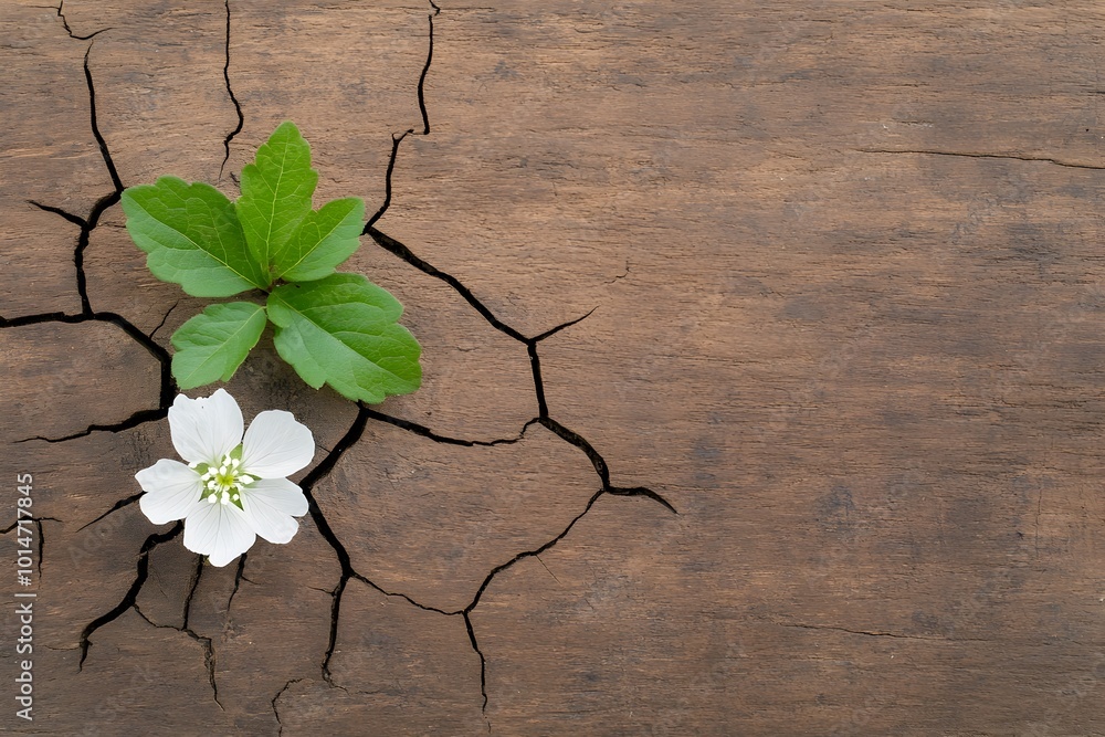 Poster fragile resilience a delicate flower emerging from the weathered surface of an ancient tree trunk