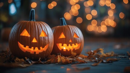 Brightly lit Halloween pumpkins surrounded by autumn leaves and twinkling lights at night