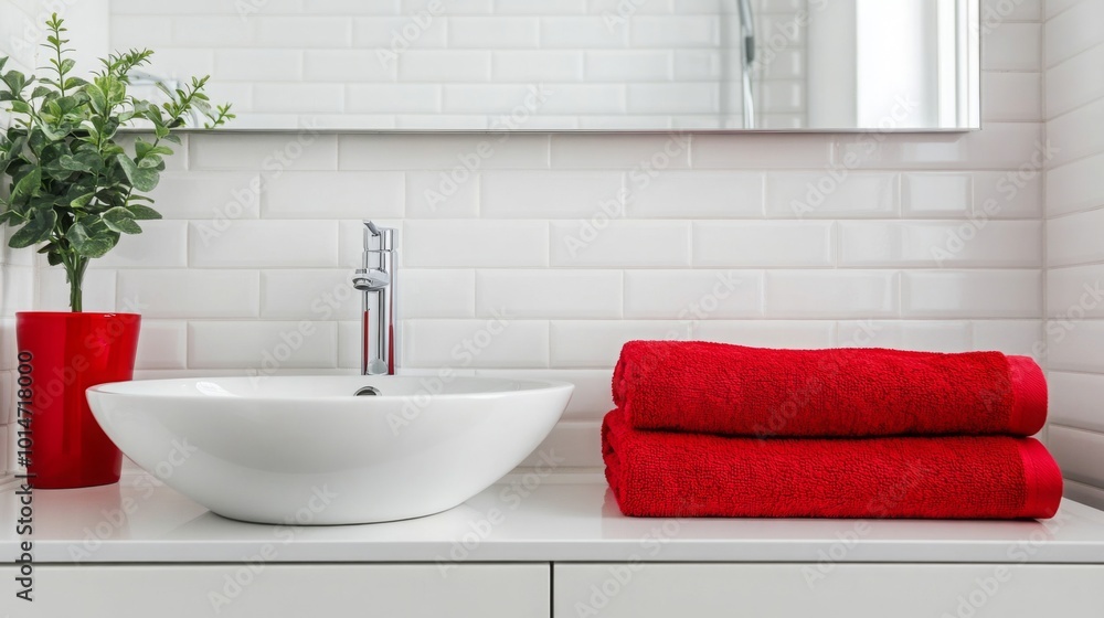 Aufkleber a stylish bathroom features a white sink with a sleek faucet and neatly stacked red towels nearby. a