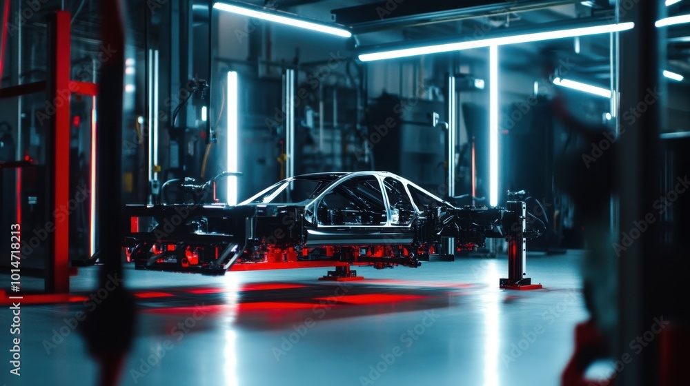 Poster autonomous robot arms assembling car frames in a spacious factory, efficient production line with br