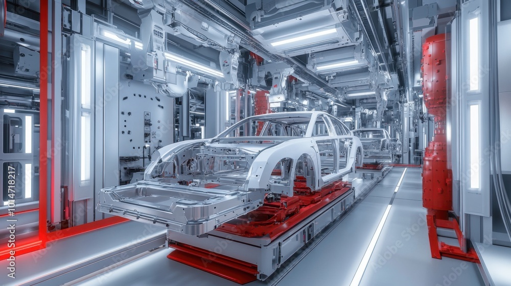 Poster autonomous robot arms assembling car frames in a spacious factory, efficient production line with br