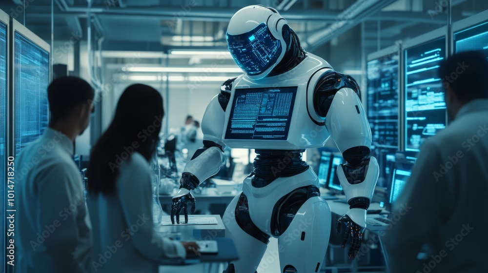 Aufkleber scientists and engineers collaborate in a futuristic laboratory with a humanoid robot and advanced a