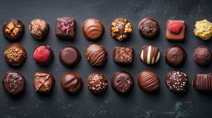 Delicious assortment of handcrafted chocolate truffles arranged on dark slate surface