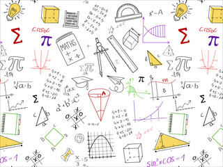 Math seamless pattern  Vector background with mathematical figures and formulas. Doodle style. Suitable for decorating various school items and things and many other line art