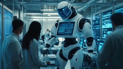 Scientists and engineers collaborate in a futuristic laboratory with a humanoid robot and advanced AI technology during innovative research