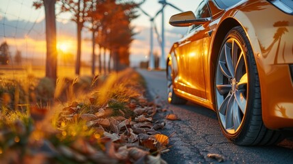 A golden electric car parked on a rural road at sunset, with wind turbines in the background and fallen leaves on the ground.
