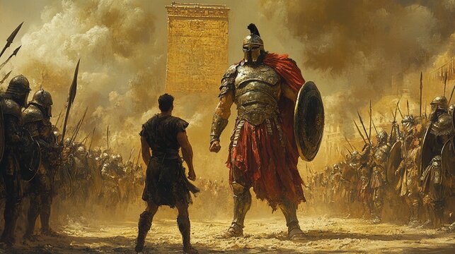 A Spartan warrior faces a large crowd, representing the underdog victory in the biblical tale of David and Goliath.