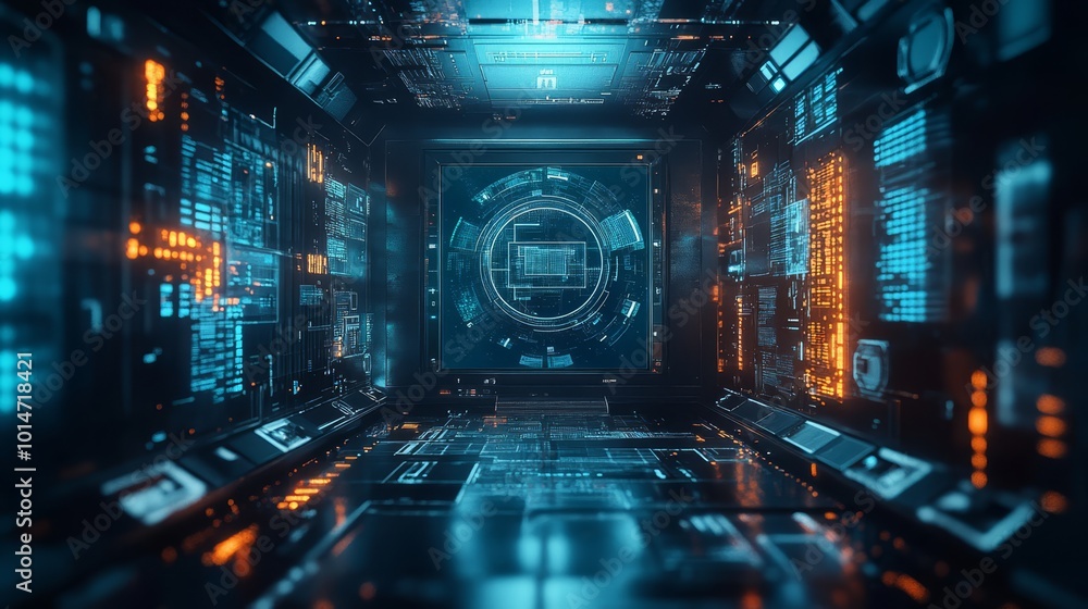 Aufkleber a futuristic digital vault with holographic screens and encryption symbols in a high-tech environmen