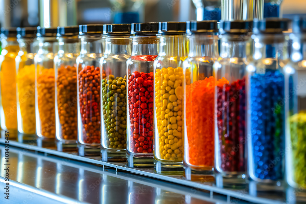 Poster a collection of glass jars filled with vibrant beads and grains lines a shelf in a craft store. the 