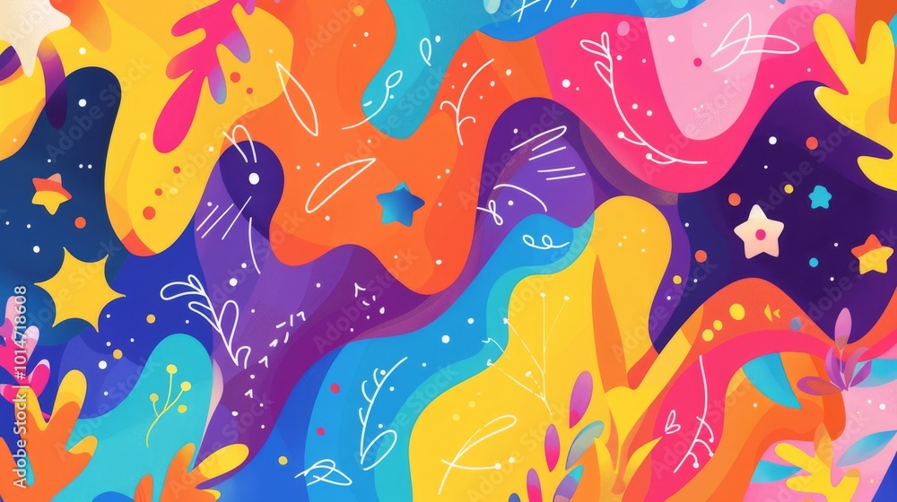 Poster A lively and colorful abstract background featuring dynamic shapes and patterns in a vibrant and playful design.