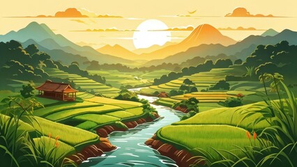 A serene landscape at sunset with rolling hills, a river, and a quaint house.