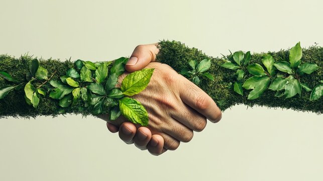 A close-up of a handshake between two hands covered in green moss and leaves symbolizing unity and commitment to environmental sustainability