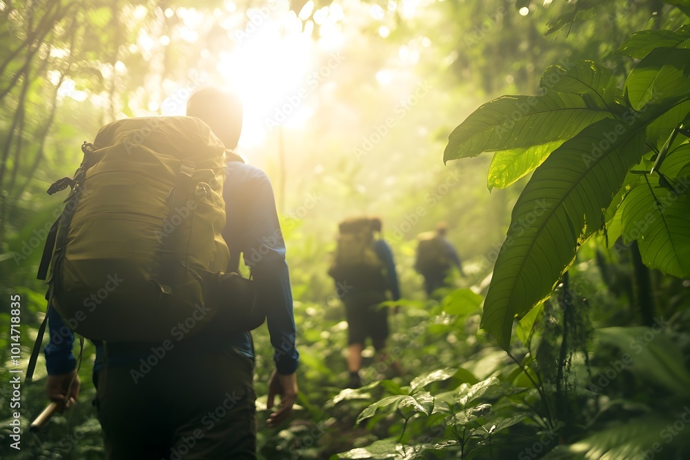 Poster a close up photo of adventurous explorers trekking through a lush rainforest canopy the sunlight fil